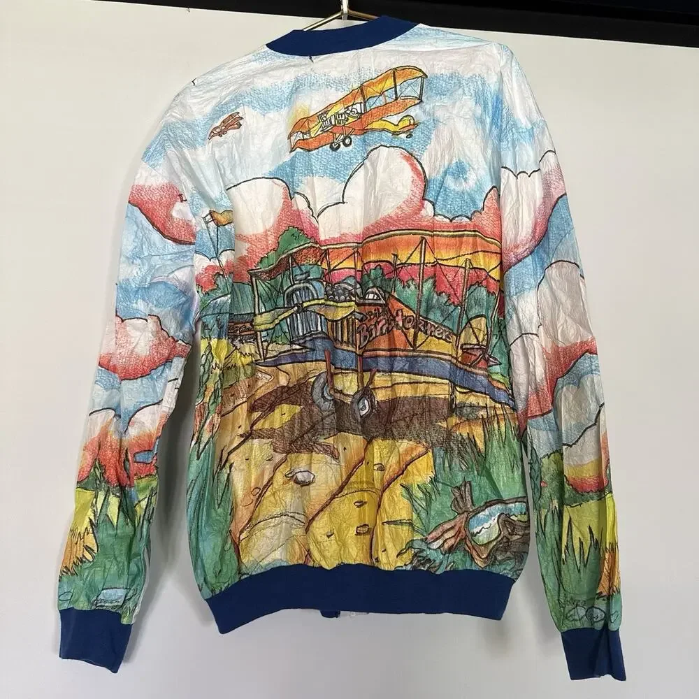 Vintage TY Breakers Tyvek Bomber Jacket Barnstormer Airplane Scenic Large
